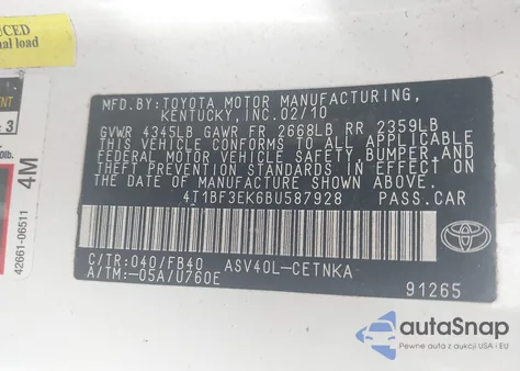 2011 Toyota Camry Le/Se/Xle из США, поврежденный, VIN 4T1BF3EK6BU587928